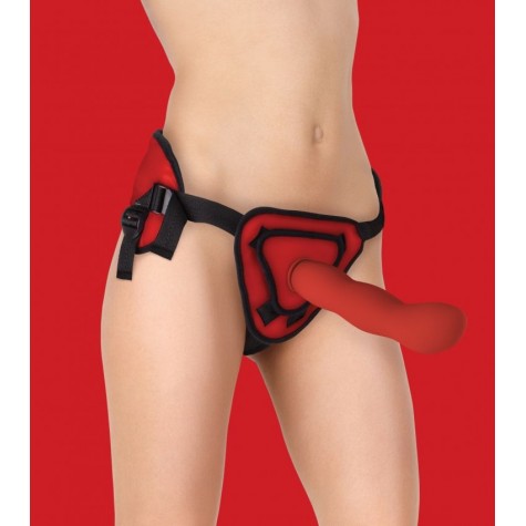 Красный страпон Deluxe Silicone Strap On 10 Inch с волнистой насадкой - 25,5 см.