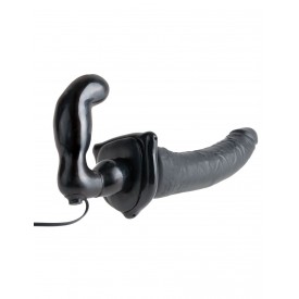 Черный страпон с вагинальной пробкой Deluxe Vibrating Penetrix Strap-On - 19 см.